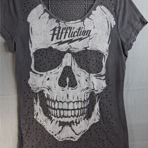 Affliction Skull T-Shirt Women's Large Gray Short Sleeves Studded Lace Cotton
